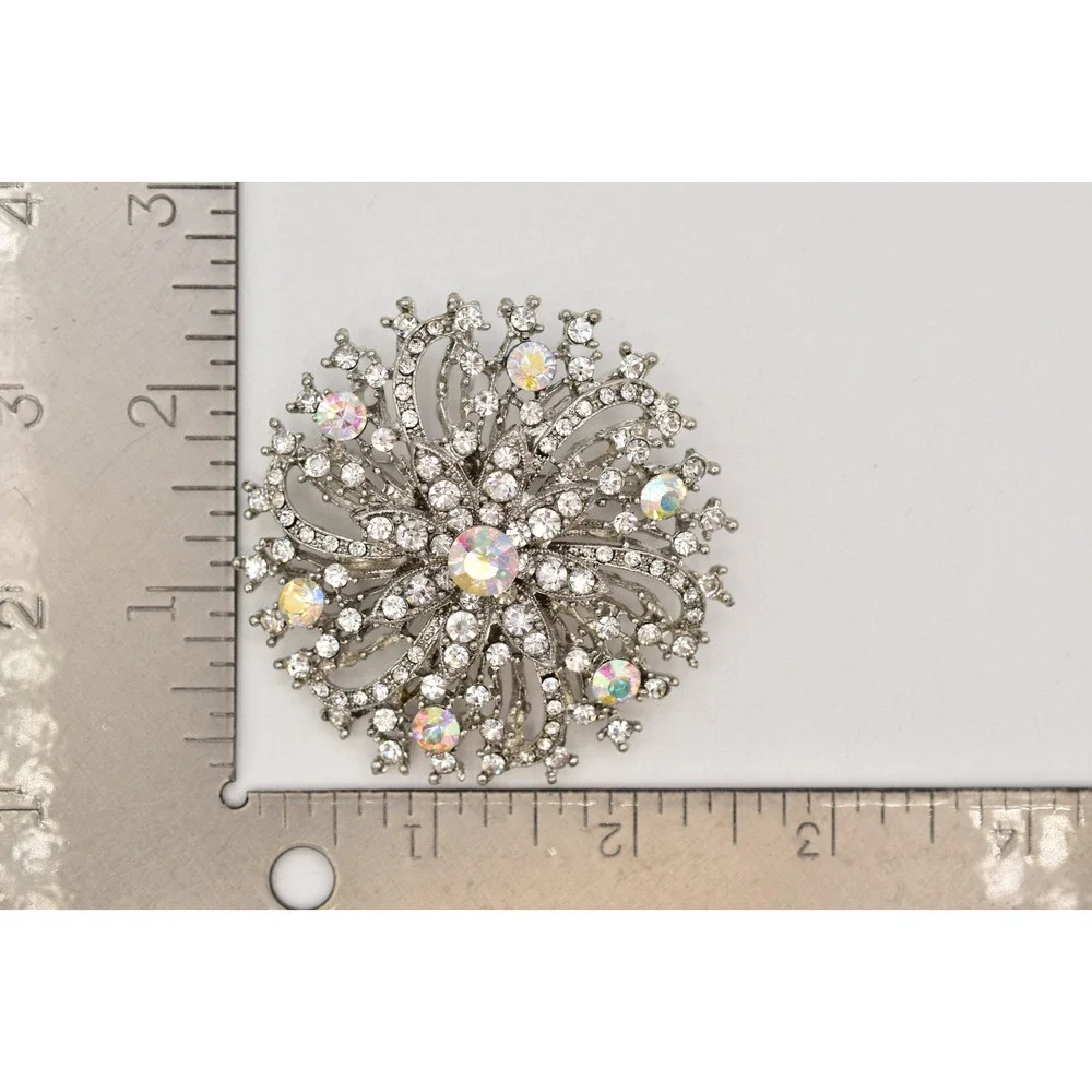 Vintage AB Aurora Borealis Rhinestone Flower Burst Brooch Pin Crystal Y2K A26